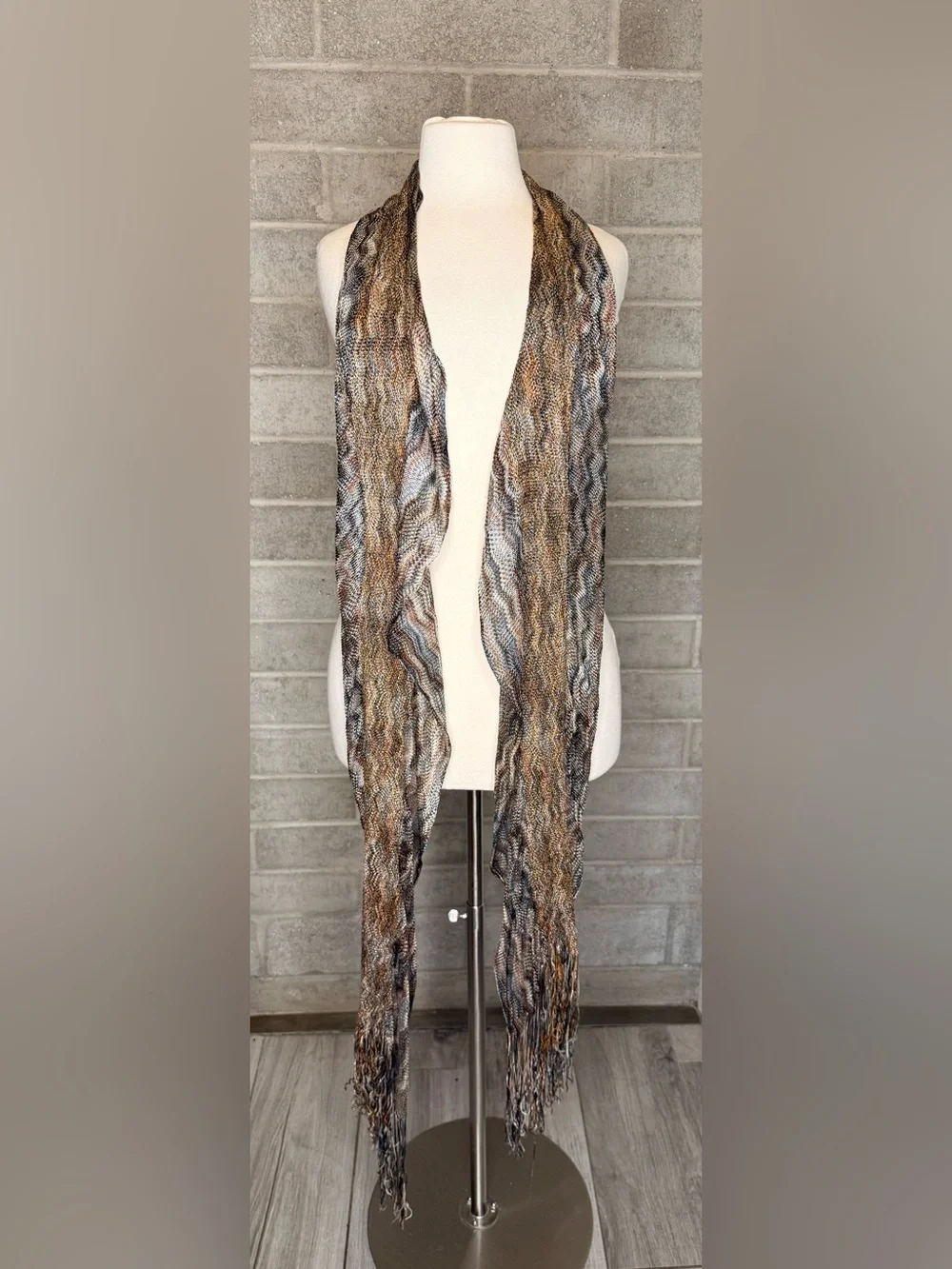 Zigzag Open Knit Scarf Shawl Wrap Brown Gray Orange Fringe Boho Lightweight